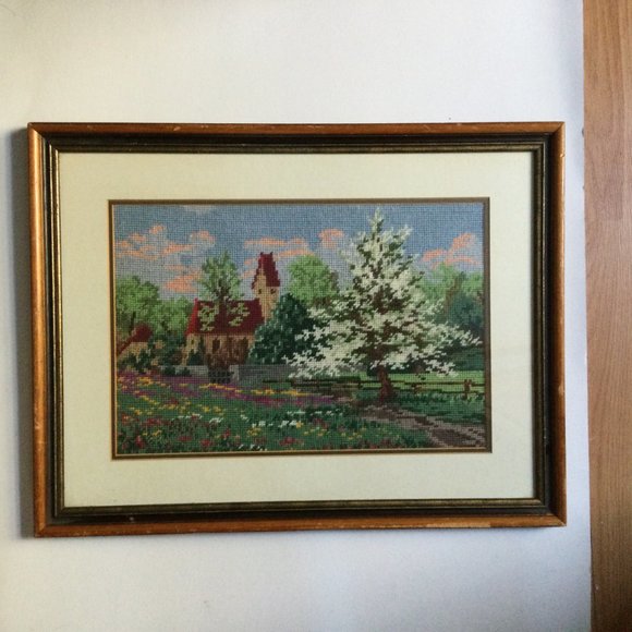 Beautiful embroidery needlework yarn art picture house tree blossom wood framed - Picture 6 of 7